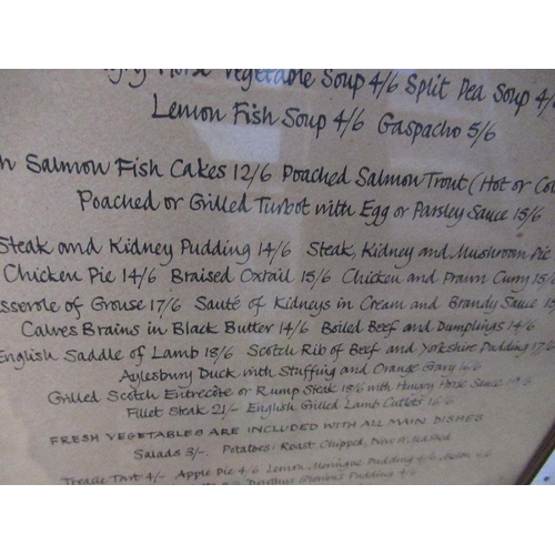 116 - A framed menu, Mrs Beeton's Hungry Horse, Fulham Road London, together with another framed menu