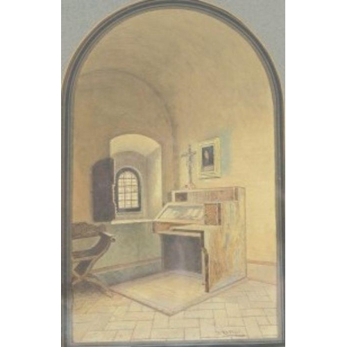 119 - Domenico Pesenti, 1843-1918, arched top watercolour, the interior of a monk's study, or cell, signed... 