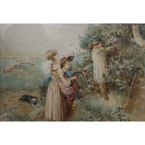 126 - In the manner of Birkett Foster, watercolour, children blackberry picking, monogrammed BF, 6.5ins x ... 