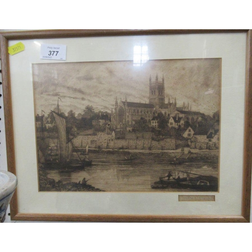 128 - Waller W Blisyels?, dry point etching view across river of Worcester Cathedrals, 7.5ins x 10.75ins