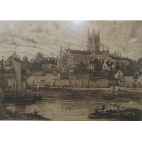 128 - Waller W Blisyels?, dry point etching view across river of Worcester Cathedrals, 7.5ins x 10.75ins