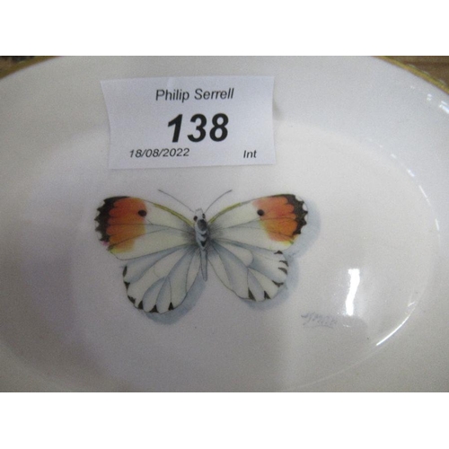 138 - Two Royal Worcester oval pin dishes decorated with a butterfly by Smith, maximum diameter 4.5ins