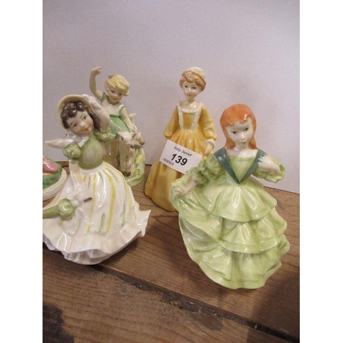 139 - Seven Royal Worcester figures, Gardener, Fisherman, Thursday's Child, Springtime, March Winds, Affec... 