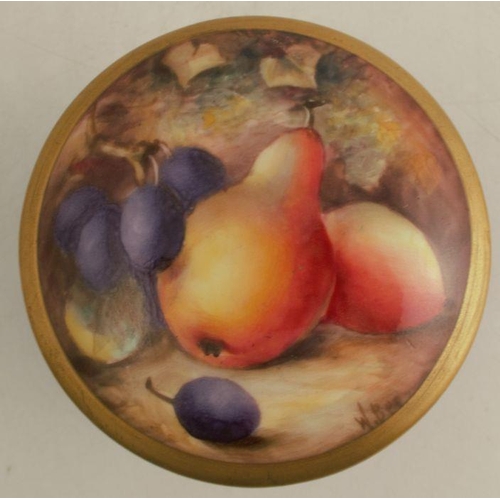 149 - A Royal Worcester covered pot, the cover decorated with fruit by W Bee, to a sabrina body, shape num... 