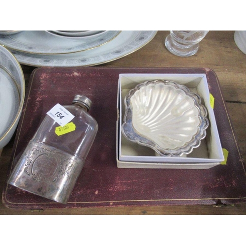 154 - A silver plated cased set of fish knives and forks, together with a butter dish and a hip flask