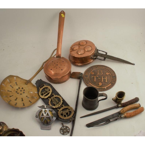 157 - A collection of metalware, to include horse brasses, chestnut roaster, carving set etc