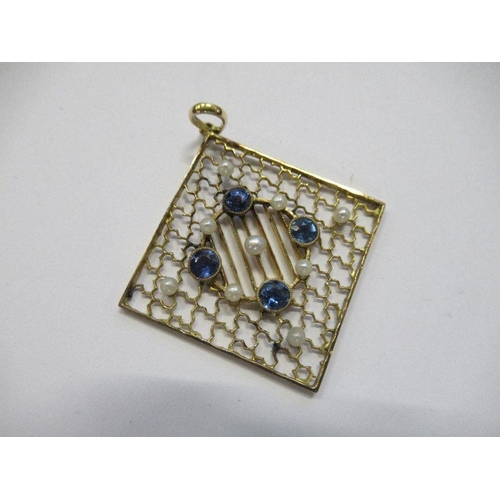 173 - An Edwardian sapphire and pearl set pendant, of diamond shape with gold lattice, af, unmarked, in fi... 