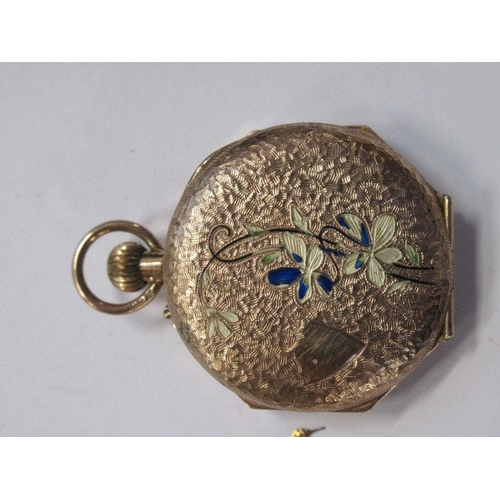 174 - A 9ct gold cased ladies fob watch with enamel decoration, total weight 16.2g