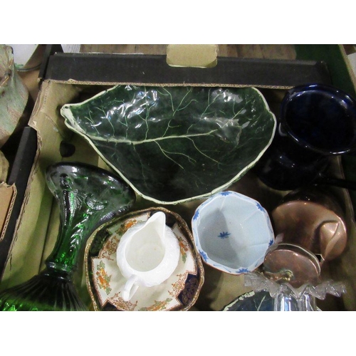 203 - A box of assorted ceramics and green pressed glass oil lamp bas with clear glass chimney