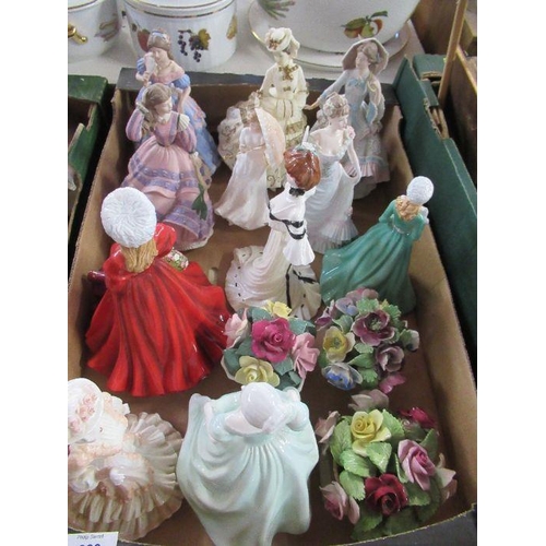 222 - A box of 11 china figures, Royal Doulton, Coalport etc and three flower ornaments