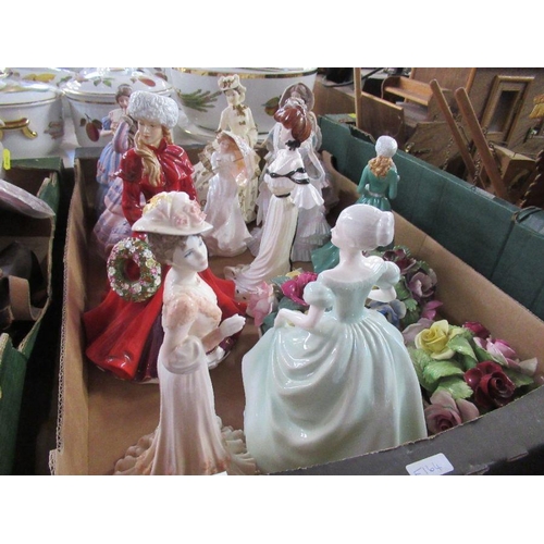 222 - A box of 11 china figures, Royal Doulton, Coalport etc and three flower ornaments