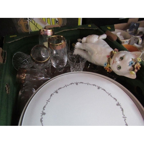 250 - A box of china and glass to include a Royal Worcester cake plate, drinking glasses, model cat etc