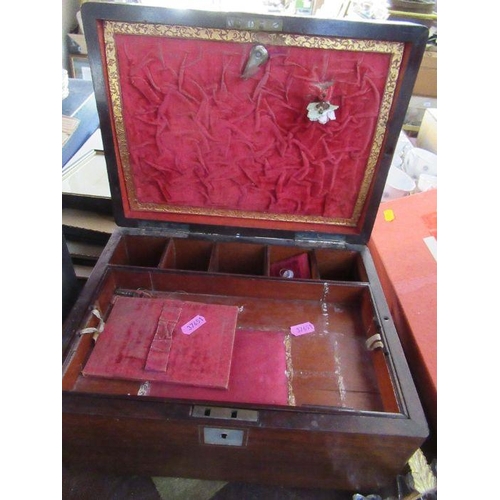 254 - A Victorian rosewood box, with mother of pearl inlay, the interior fitted with a lift out tray and c... 