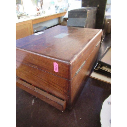 254 - A Victorian rosewood box, with mother of pearl inlay, the interior fitted with a lift out tray and c... 