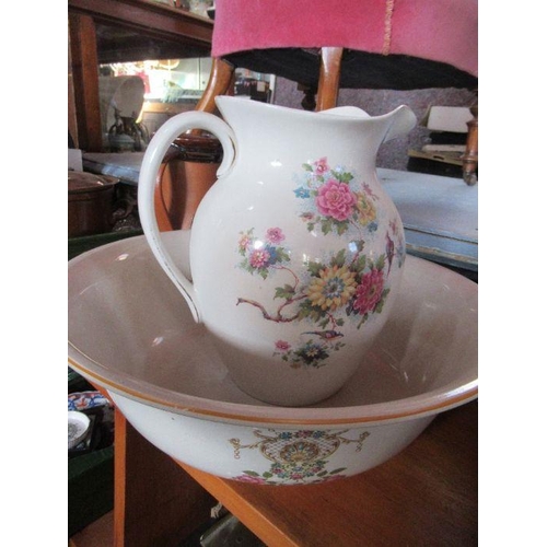 279 - A wash jug and bowl, clock, books, glass items etc