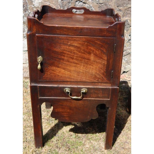 28 - A 19th century mahogany pot cupboard, of square form, with galleried top over a cupboard, with slide... 