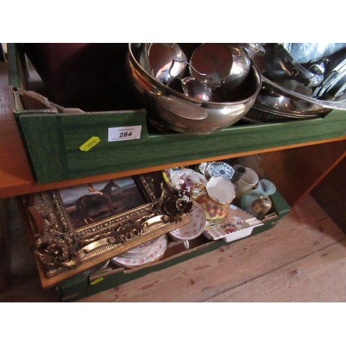 284 - Two boxes of mixed items, to include decorative ceramics, metalware, modern print etc