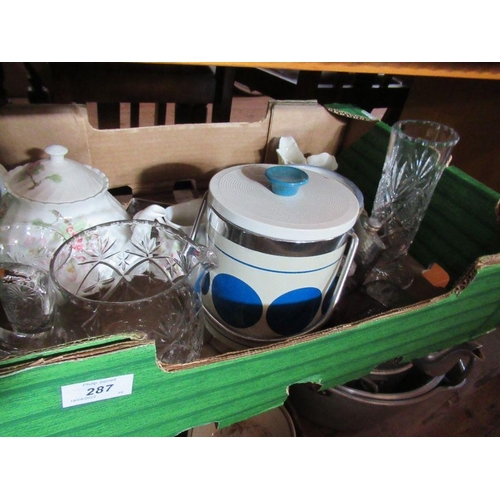 287 - Two boxes of assorted glass and china, together with various jam pans etc