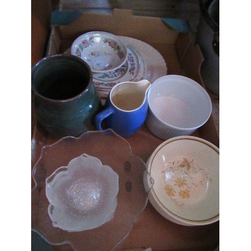 287 - Two boxes of assorted glass and china, together with various jam pans etc