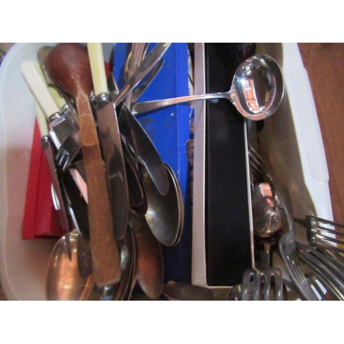 291 - Two boxes of assorted cutlery, together with china and kitchen ware etc