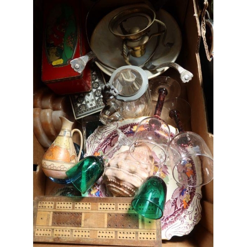 317 - Three boxes of assorted porcelain, glass and metalware