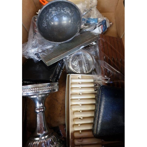 334 - Two boxes of assorted glass, pictures and metalware