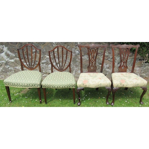 56 - Two pairs of 19th century dining chairs, one pair in the Chippendale style, with craved top rail and... 