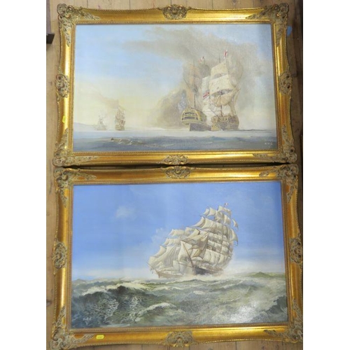 89 - Marshall, two oil on canvas, Warships at sea, 19.5ins x 29.5ins