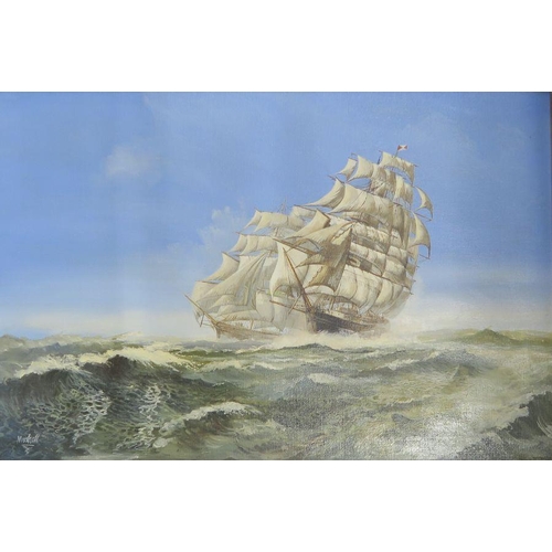 89 - Marshall, two oil on canvas, Warships at sea, 19.5ins x 29.5ins