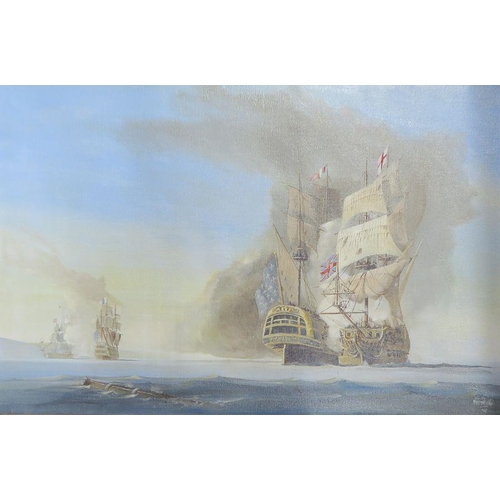 89 - Marshall, two oil on canvas, Warships at sea, 19.5ins x 29.5ins