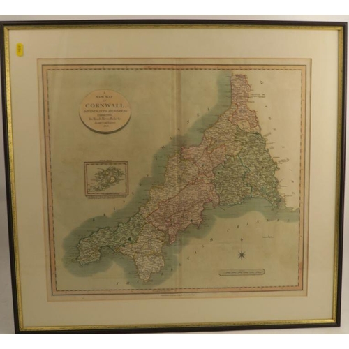 94 - An Antique hand coloured New Map of Cornwall, divided into hundreds, by John Cary, 1806, 20ins x 22i... 