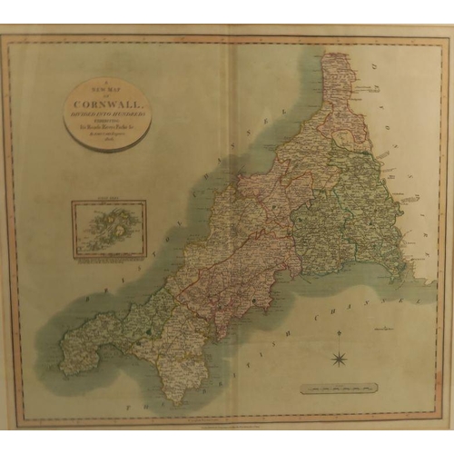 94 - An Antique hand coloured New Map of Cornwall, divided into hundreds, by John Cary, 1806, 20ins x 22i... 