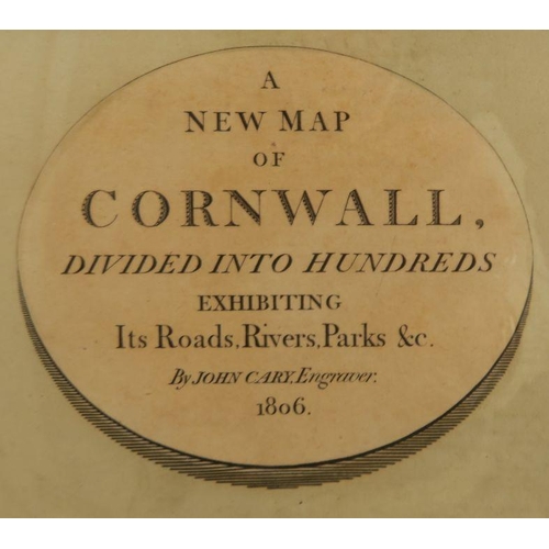 94 - An Antique hand coloured New Map of Cornwall, divided into hundreds, by John Cary, 1806, 20ins x 22i... 