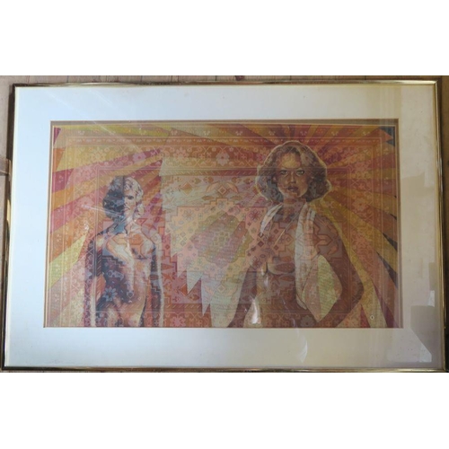 95 - Brian Bowhill, mixed media with material, two naked females, 17ins x 29ins, together with a black an... 