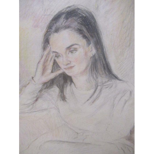 98 - David Howes, colour pencil, interior scene with woman seated on a settee, 18ins x 14ins