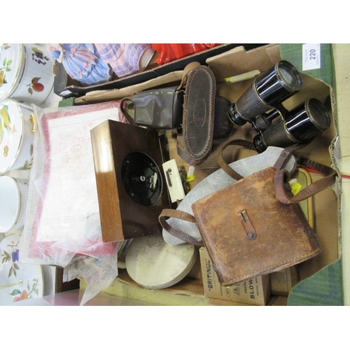 220 - A box of assorted items, to include binoculars, pocket blow lamp, maps etc