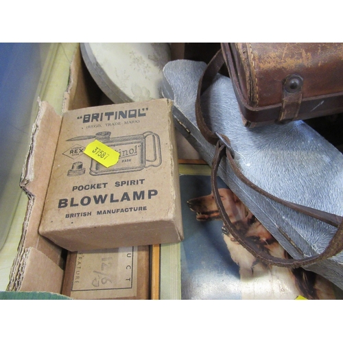 220 - A box of assorted items, to include binoculars, pocket blow lamp, maps etc