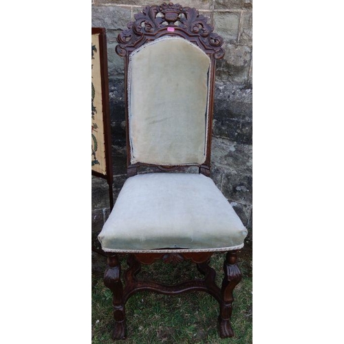 107 - Two antique continental carved chairs, one upholstered, the other with canework, together with a two... 