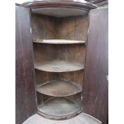 11 - A Georgian mahogany bow fronted corner cupboard, height 38ins, depth 15ins, width 24ins