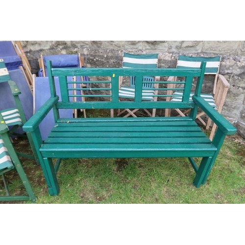 120 - A collection of garden furniture, to include director's chairs, folding sun loungers, green painted ... 