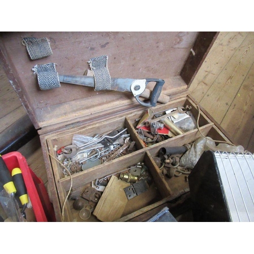 123 - A tool box and contents, together with sundry tools and bird cages