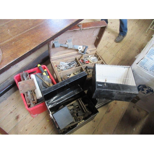 123 - A tool box and contents, together with sundry tools and bird cages