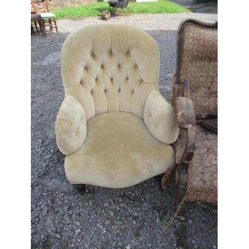 130A - Two deep buttoned back chairs together with a Victorian open armchair, very af