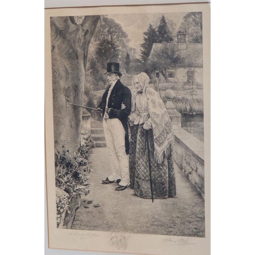 164 - After W Denby Sadler, black and white print, a couple in a garden, 23ind x 15ins, together with Jose... 