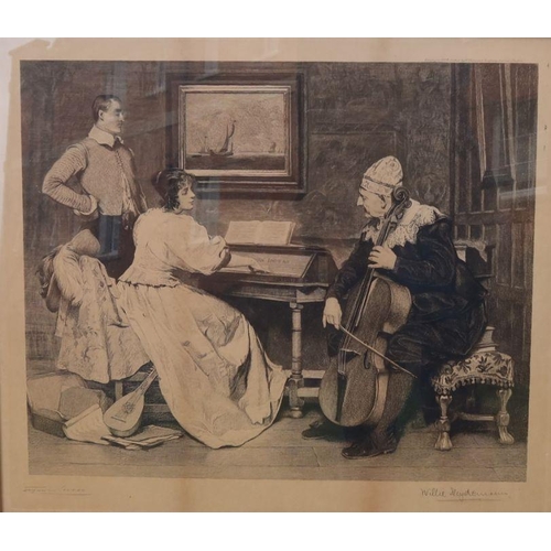 164 - After W Denby Sadler, black and white print, a couple in a garden, 23ind x 15ins, together with Jose... 