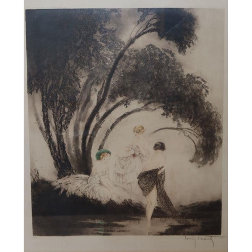 175 - Louis Icart, etching, three woman under a tree with stream, 23ins x 19ins