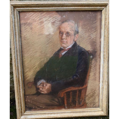 190 - Dora Noyles, pastel, portrait of a seated man, 17ins x 13.5ins, together with an oval black and whit... 