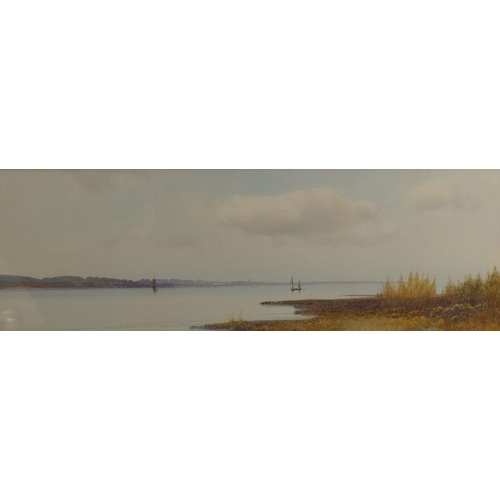 193 - Frederick John Widgery, watercolour, view across water with boats, 7ins x 20.5ins