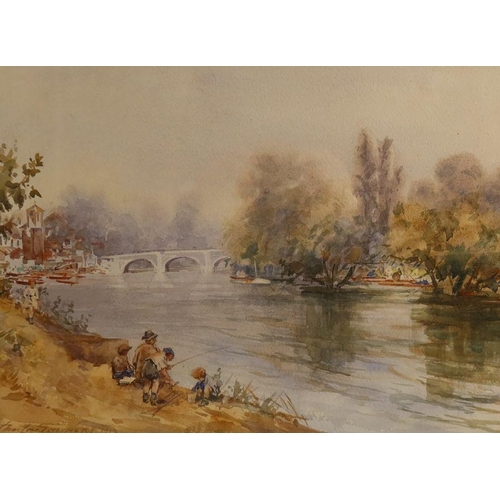 197 - Charles MacIver Grierson, watercolour, view from the river with children fishing, bridge and tower, ... 