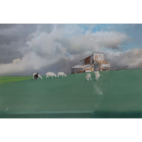 198 - Kenneth Mortimer, pastel, Goats on a Hill, 13.75ins x 20ins, together with Tristram Hillier, print, ... 